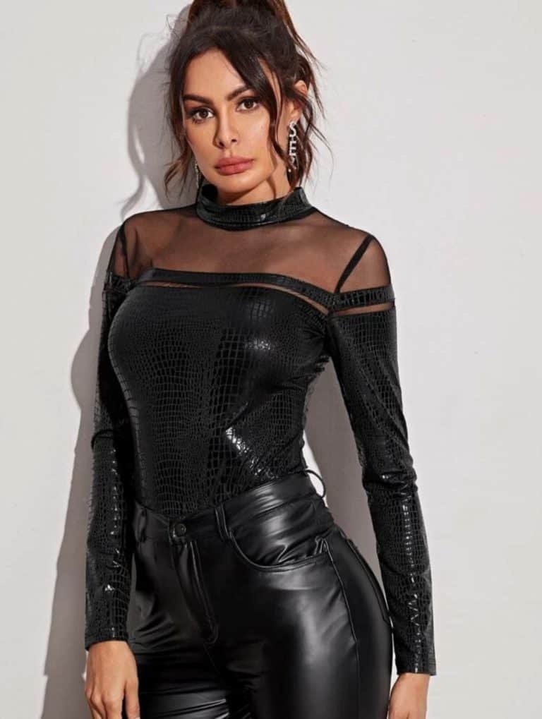 leather Mock-Neck Mesh Insert Crocodile Embossed Fitted Top