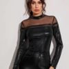 leather Mock-Neck Mesh Insert Crocodile Embossed Fitted Top