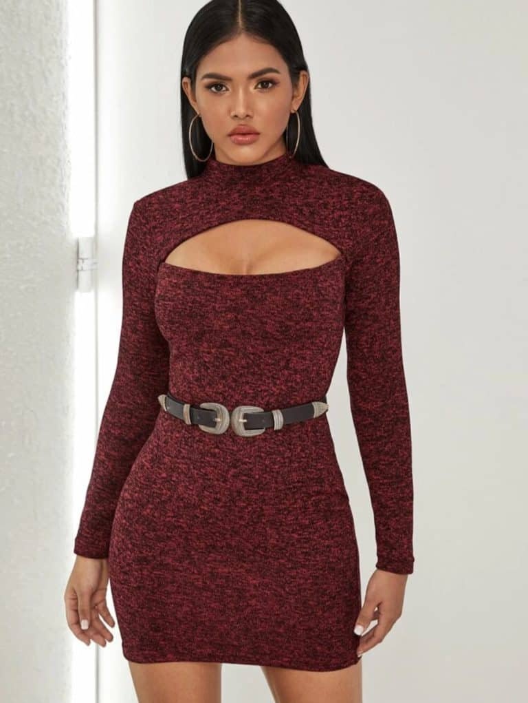 Cutout Front Marled Knit Bodycon Dress Without Belt