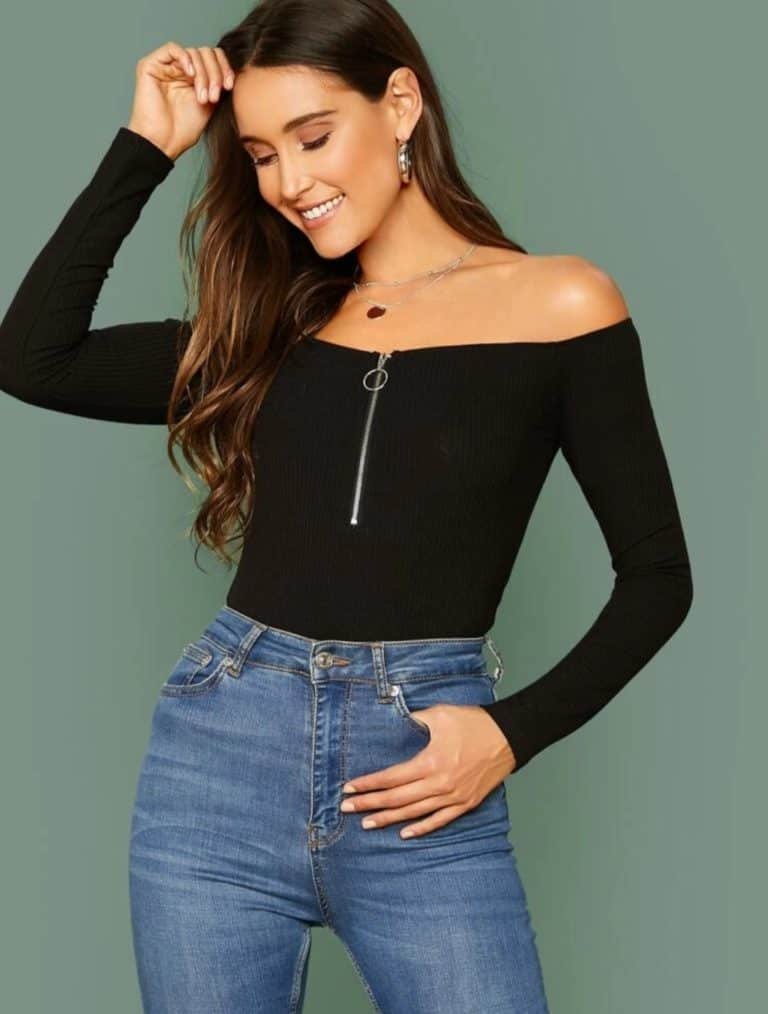 black Off Shoulder O-Ring Zip Front Fitted Top