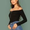 black Off Shoulder O-Ring Zip Front Fitted Top