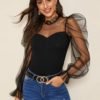 Sheer Mesh Yoke Rib-Knit Form Fitted Top