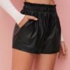 Paperbag Waist Button Detail Faux Leather Shorts