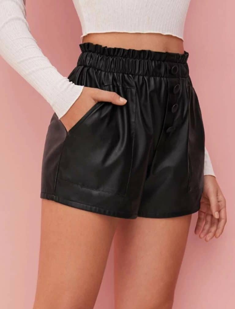 Paperbag Waist Button Detail Faux Leather Shorts