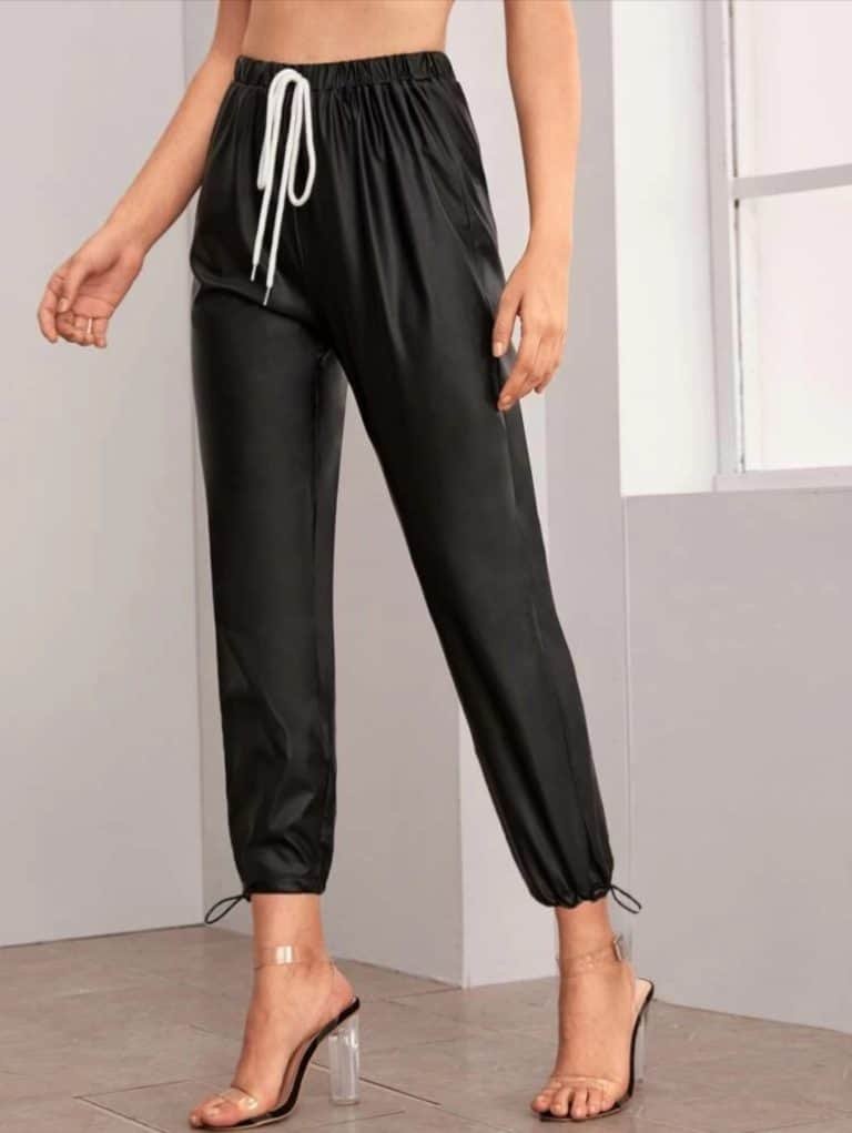 Tie Front Drawstring Hem Leather Look Pants