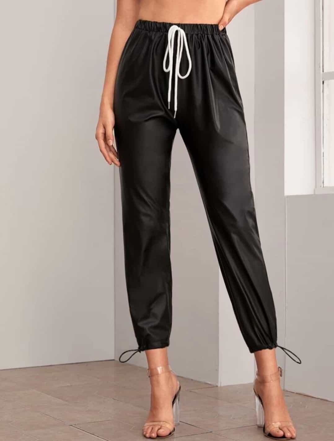 Tie Front Drawstring Hem Leather Look Pants ⋆ Women's Store