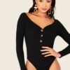 Buttoned Half Placket Rib-Knit Bodycon Bodysuit