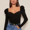 Black Sweetheart Neck Leg-Of-Mutton Sleeve Top