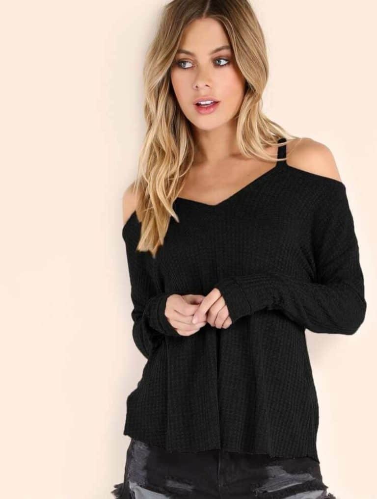 Waffle Knit Cold Shoulder T-Shirt