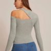 Grey Cut-Out Shoulder Rib-Knit Slim Tee