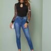 Keyhole Front Embroidery Mesh Sleeve Tee