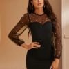 Pearls Beaded Mesh Shoulder Bodycon Dress
