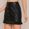 Pleated Lettuce Hem Buttoned Faux Leather Skirt