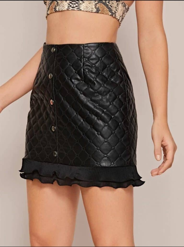 Pleated Lettuce Hem Buttoned Faux Leather Skirt