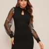Keyhole Neck Embroidered Dobby Mesh Sleeve Bodycon Dress