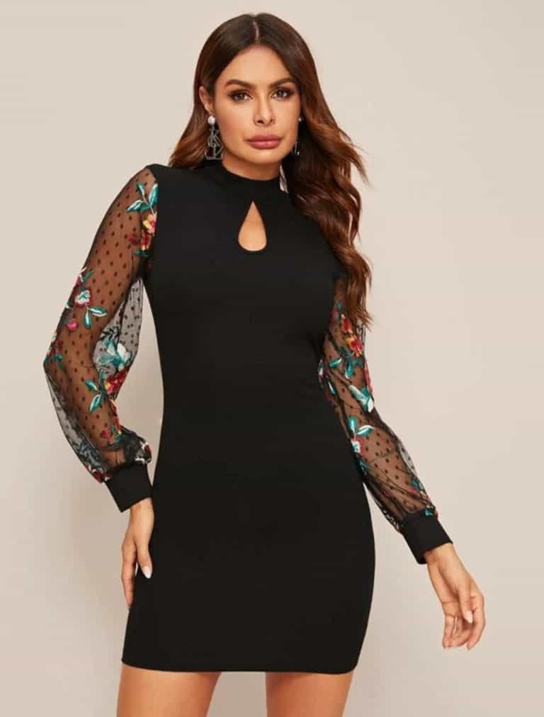 Keyhole Neck Embroidered Dobby Mesh Sleeve Bodycon Dress