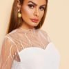 Mock-Neck Mesh Yoke And Sleeve Blouse