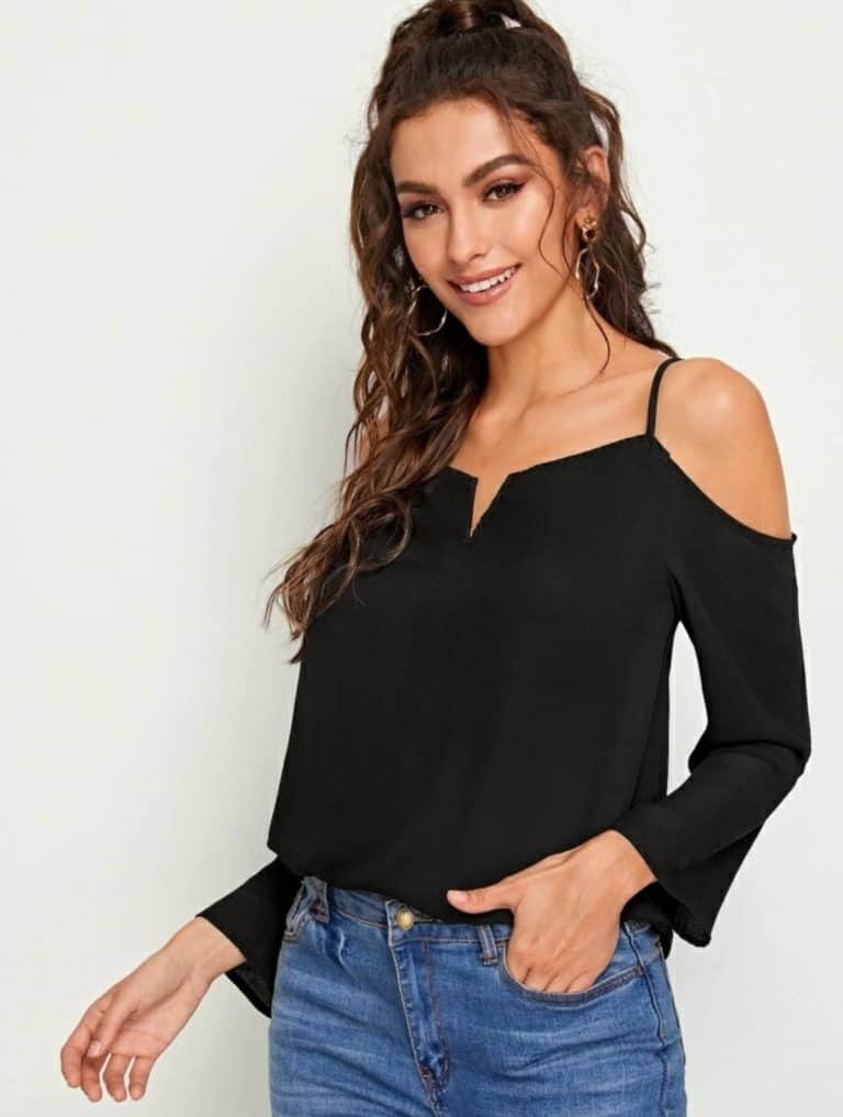 Notch Neck Cold Shoulder Solid Top