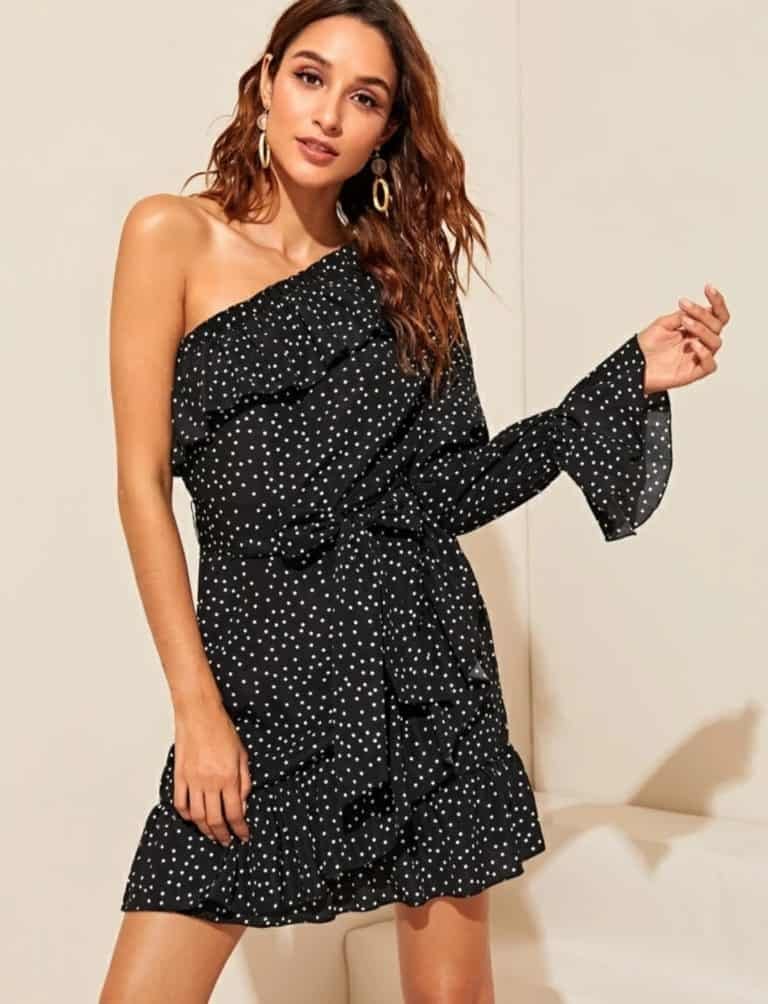 One Shoulder Polka Dot Ruffle Trim Belted Dress