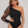 One Shoulder Organza Leg-Of-Mutton Sleeve Rib-Knit Bodysuit