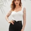 Vine Mesh Sleeve Sweetheart Neck Top
