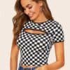 Cut-Out Front Checked Crop Tee