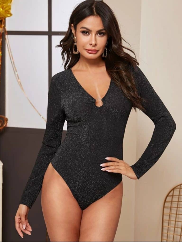 Glitter O-Ring V-Neck Fitted Bodysuit