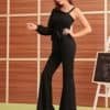 Asymmetrical Neck Flare Leg Self Belted Jumpsuit