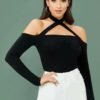 Solid Cutout Front Form Fitted Halter Tee