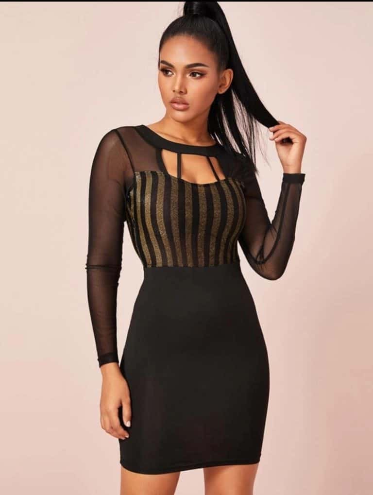 Sheer Mesh Yoke Cut-Out Glitter Bodycon Dress