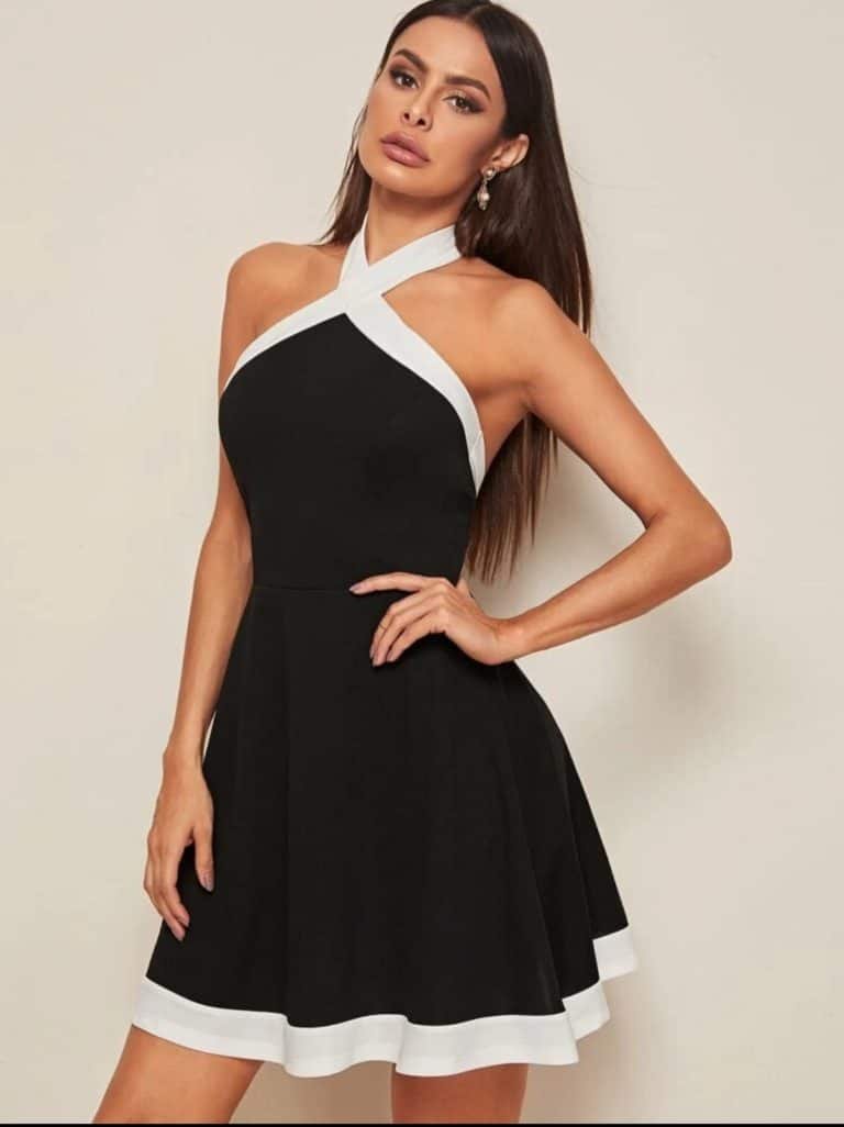 Contrast Trim Crisscross Halted Skater Dress