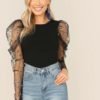 Dot Mesh Gigot Sleeve Skinny Tee