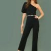 One Shoulder Puff Sleeve Straight Leg Jumpsuit