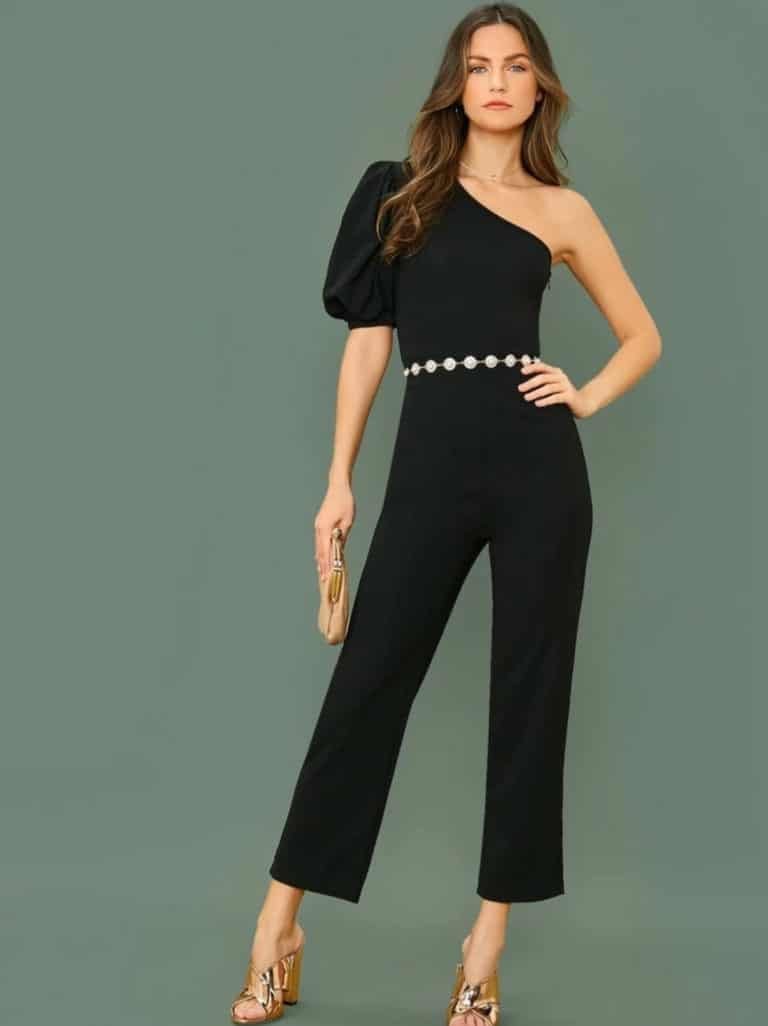 One Shoulder Puff Sleeve Straight Leg Jumpsuit