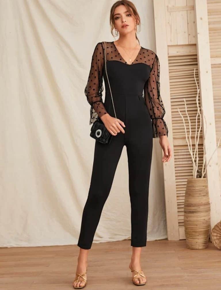 Contrast Dot Mesh Sleeve Zip Back Jumpsuit
