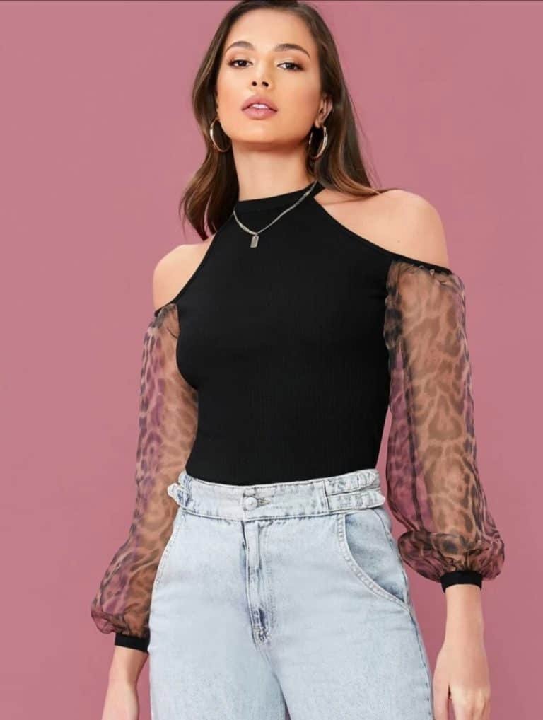 Cold Shoulder Leopard Lantern Sleeve Top