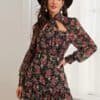Tie Neck Cut Out Ruffle Hem Floral Dress Without Belt