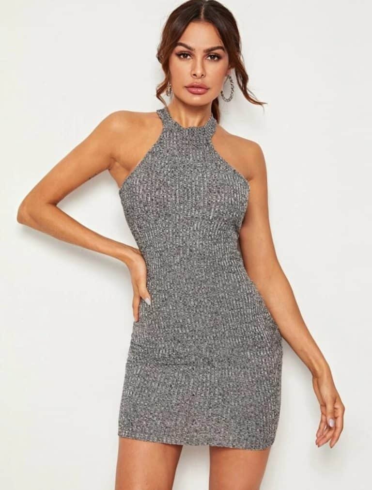 Marled Rib-knit Halter Bodycon Dress