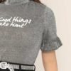 Plus Slogan Graphic Flounce Sleeve Glitter Top