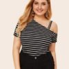 Plus Asymmetrical Neck Striped Tee