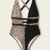Contrast Leopard Lace Up One Piece Swimwear