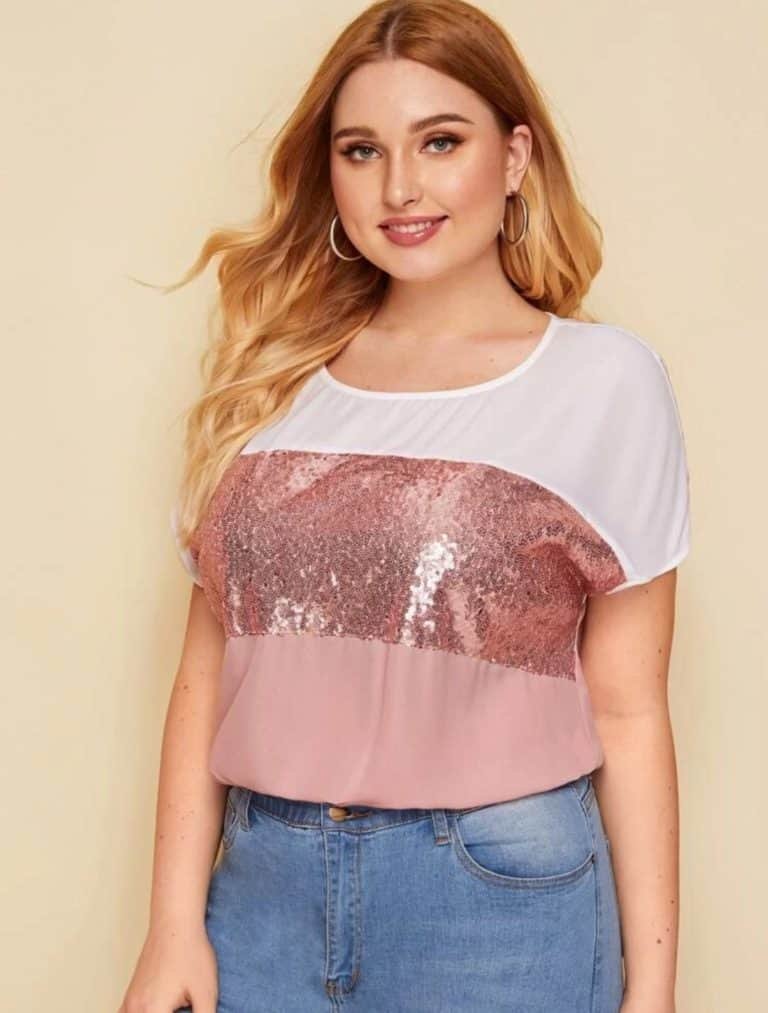 Plus Keyhole Back Sequins Insert Cut-and-sew Top
