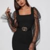 Ruffle Cuff Mesh Lantern Sleeve Bodycon Dress Without Belt