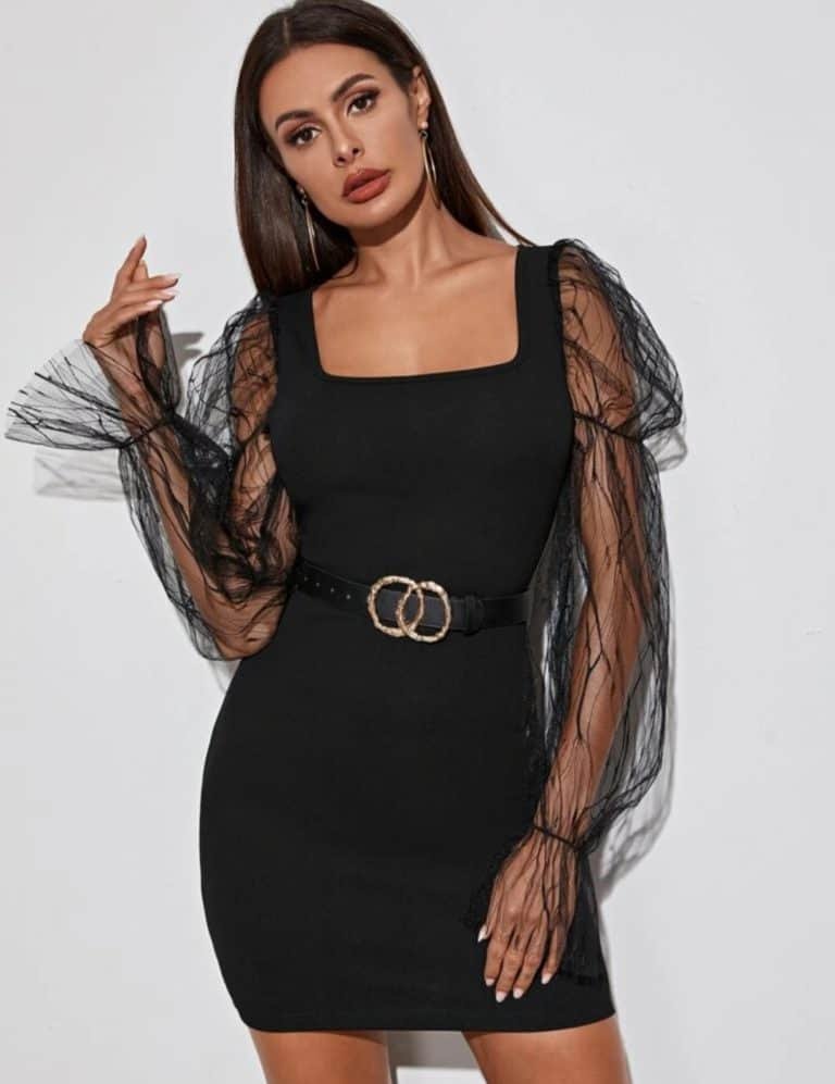 Ruffle Cuff Mesh Lantern Sleeve Bodycon Dress Without Belt