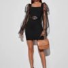 Ruffle Cuff Mesh Lantern Sleeve Bodycon Dress Without Belt