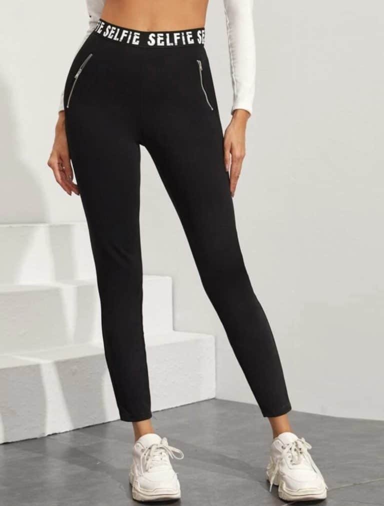 Letter Tape Waist Zipper Detail Skinny Pants