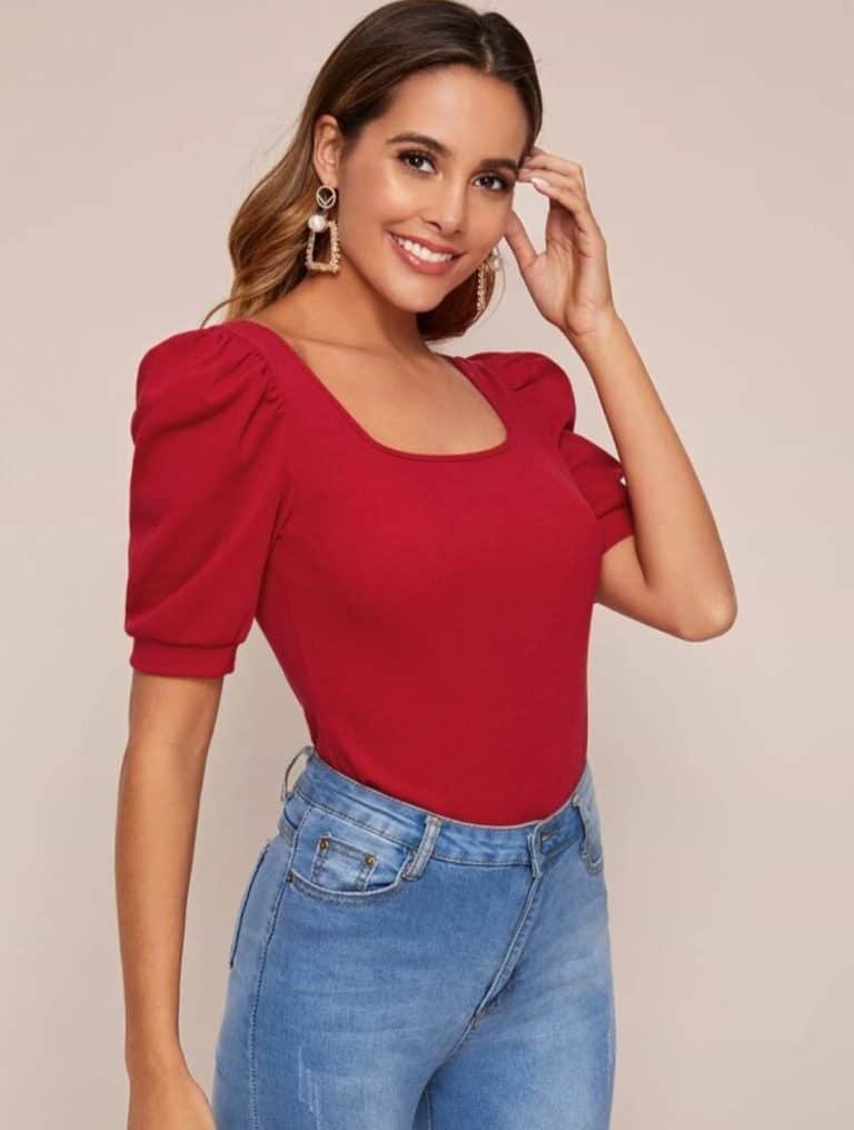 Puff Sleeve Square Neck Slim Tee