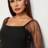 Pearl Beaded Mesh Sleeve Bodycon Dress