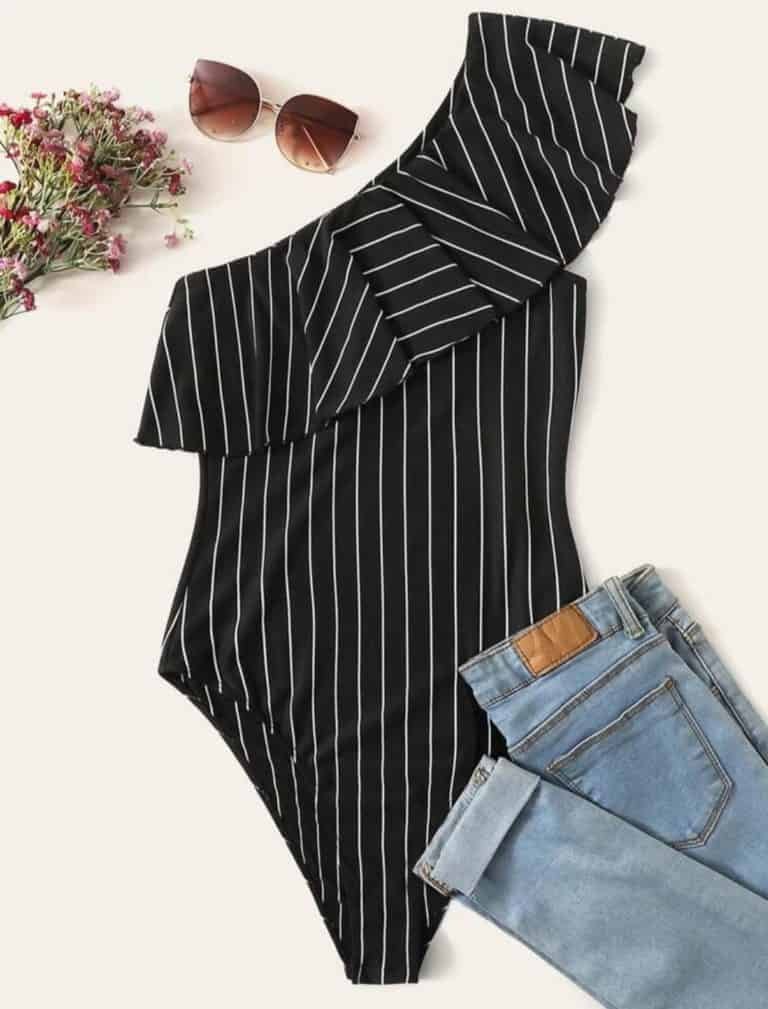 Ruffle Trim Striped Bodysuit