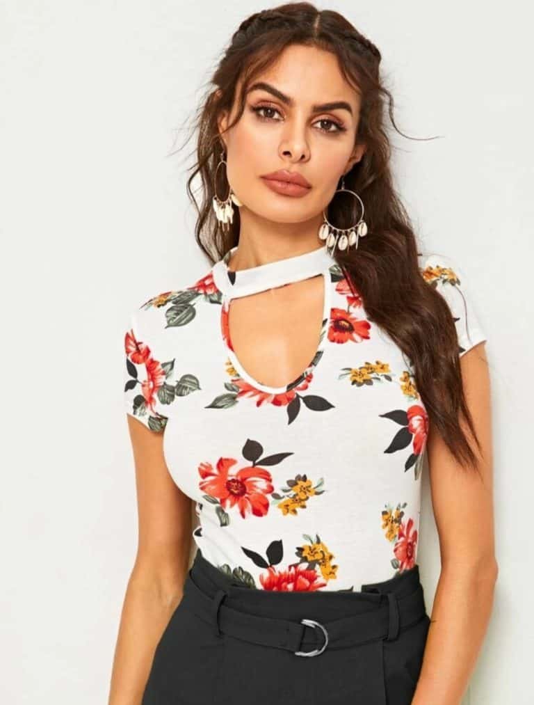 Cut Out Front Floral Print Fitted Top